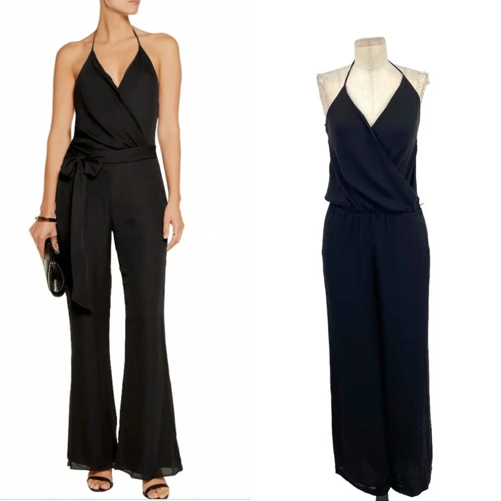 Haute Hippie Black‎ Wrap Silk Wide Leg Halter Jumpsuit Size XS